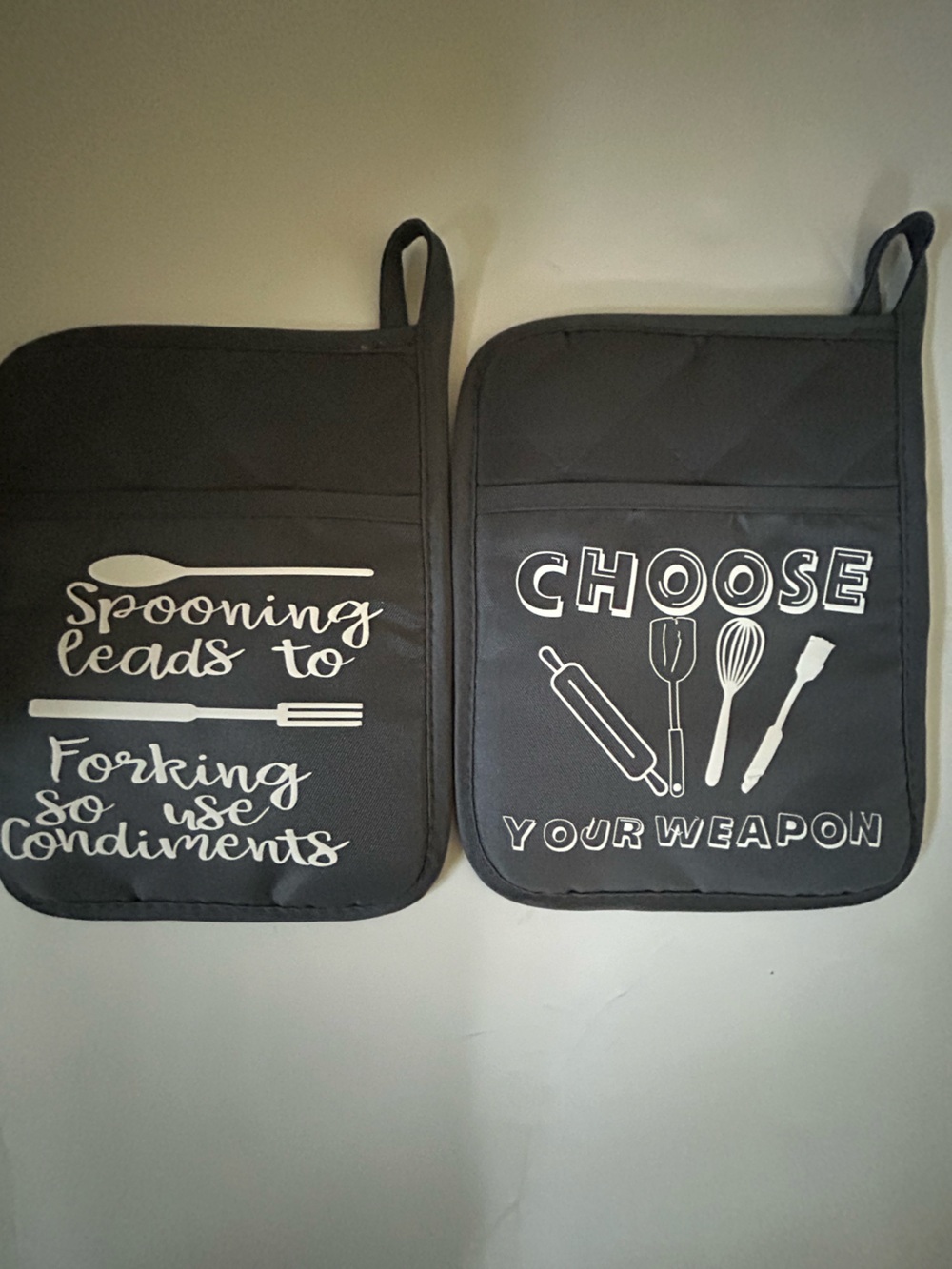 Gray 'Choose Your Weapon' & 'Spooning Leads to Forking' Kitchen Pot Holders